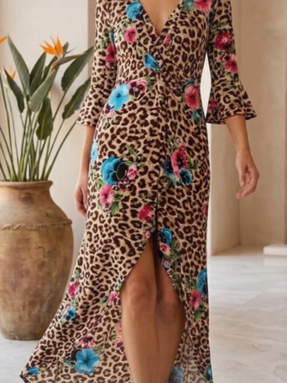 Thalia Sodi Beige Leopard Print Maxi beach Dress with Blue & Pink Floral